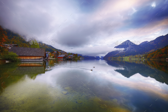 Misty morning on the lake Grundlsee Alps Austria Europe - Stock Photo - Images