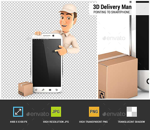 GraphicRiver 3D Delivery Man Pointing to Blank Smartphone 20974458 GraphicRiver 3D Delivery Man Pointing to Blank Smartphone 20974458