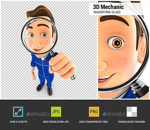 GraphicRiver 3D Mechanic Looking into a Magnifying Glass 20974470 GraphicRiver 3D Mechanic Looking into a Magnifying Glass 20974470