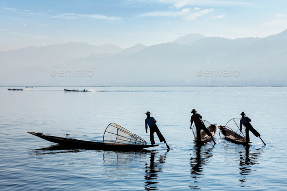 Traditional Burmese fisherman at Inle lake, Myanmar - Stock Photo - Images