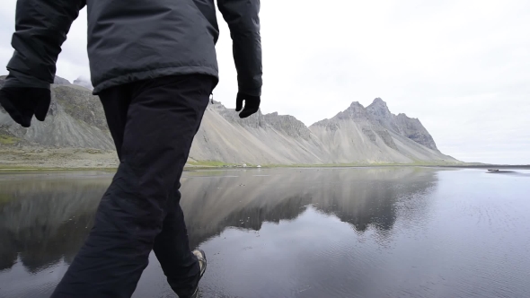 Tourist Near Famous Stokksnes Mountains