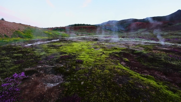 Smoking Fumaroles Near Geysir Geyser