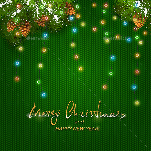 Christmas Lights on Green Knitted Pattern - Christmas Seasons/Holidays