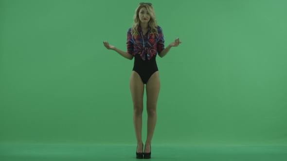 Young Sexy Woman Spreading Out Her Hands All at Sea in Full Body Shot Over Chroma Key