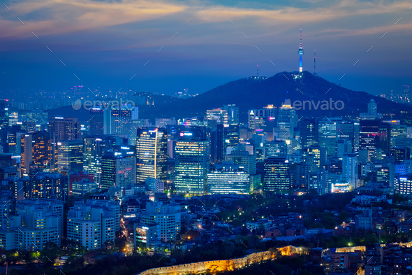 Seoul skyline in the night, South Korea. - Stock Photo - Images