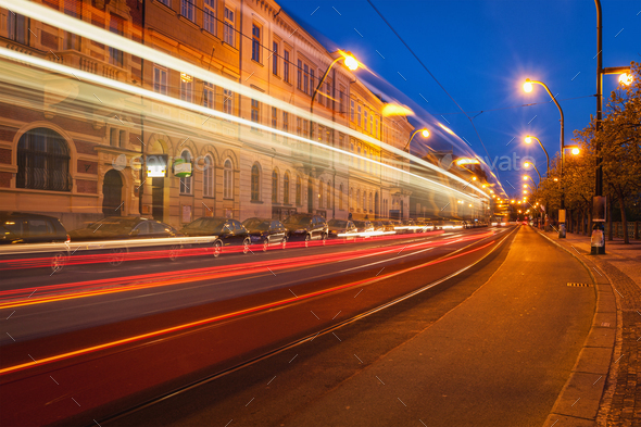 Blurred light trails of Prague tram. Prague, Czech republic