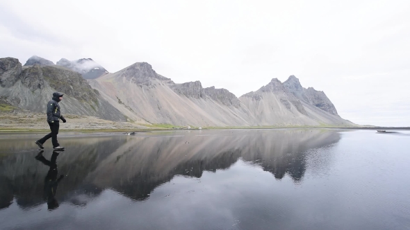 Tourist Near Famous Stokksnes Mountains