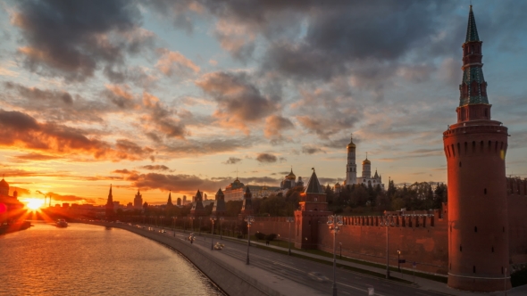 Moscow Kremlin Sunset View From Moscow River.