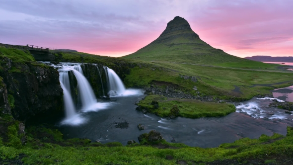 Colorful Sunrise on Kirkjufellsfoss Waterfall