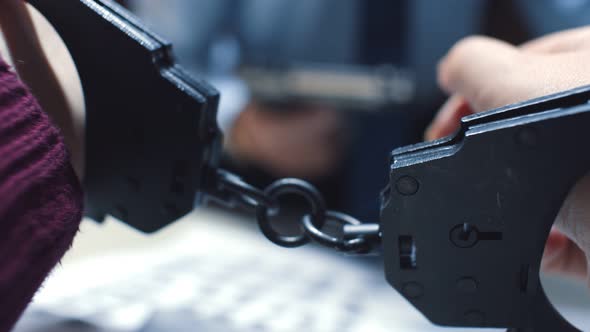 Close Up of Arrested Criminal Hands in Handcuffs with Detective Interrogating on Background alt