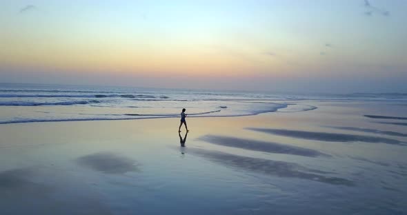 Aerial drone view of a young woman walking on the beach at sunset. alt