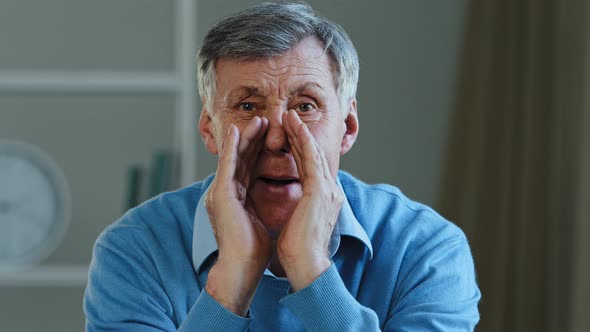 Closeup Funny Old Caucasian Man Grandfather Elderly 60s Businessman Mature Senior Boss Looking at alt