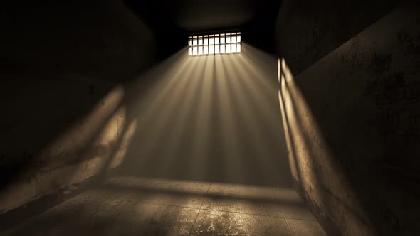 Dark old cell interior with barred up window. Sun rays coming through the fog. alt