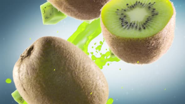 Kiwi with Slices Falling on Cyan Background alt