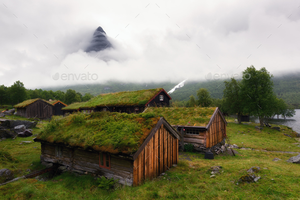 Norwegian grass roof old house - Stock Photo - Images