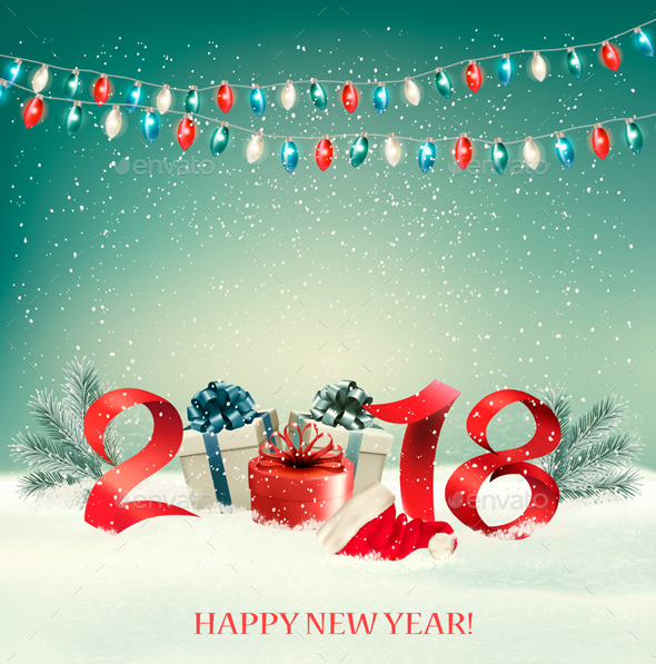 New Year Background with Gift Boxes and Colorful Garland - Christmas Seasons/Holidays