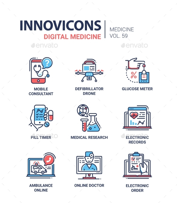 Digital Medicine - Line Design Icons Set - Health/Medicine Conceptual