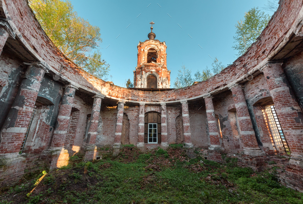 Ruins rotunda of an abandoned brick orthodox church - Stock Photo - Images