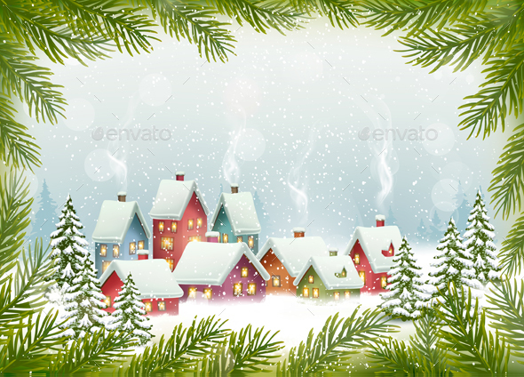 Stock Vector - GraphicRiver Winter Village Christmas Holiday Background