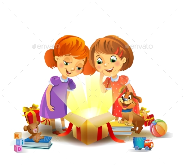GraphicRiver Christmas Miracle Girls Opening a Magic Gift 20989291 GraphicRiver Christmas Miracle Girls Opening a Magic Gift 20989291