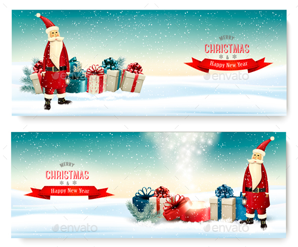 Christmas Holiday Banners With Presents And Santa Claus - Christmas Seasons/Holidays