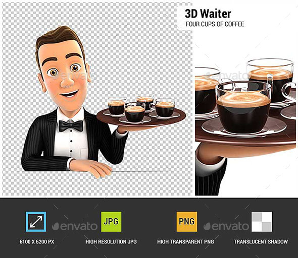 GraphicRiver 3D Waiter Holding Four Cups of Coffee 20989606 GraphicRiver 3D Waiter Holding Four Cups of Coffee 20989606