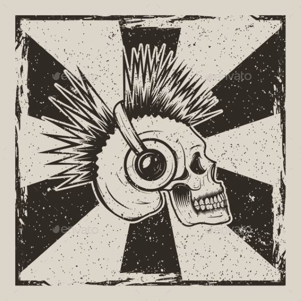 Skull Music Side View Vector Vintage Grunge Design - Backgrounds Decorative