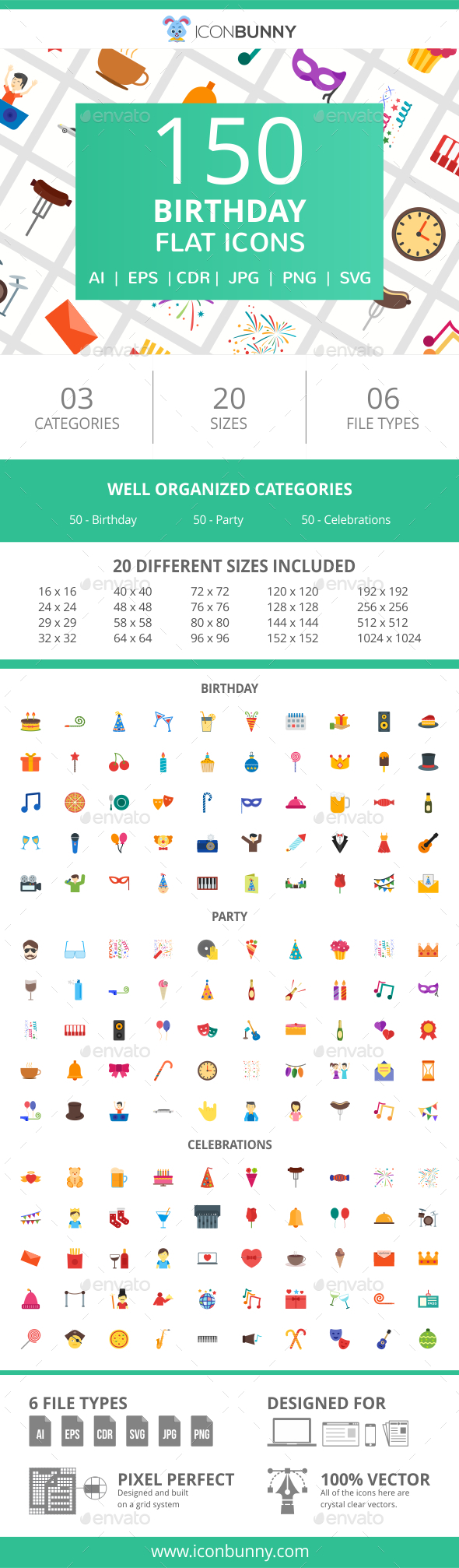 150 Birthday Flat Icons - Icons