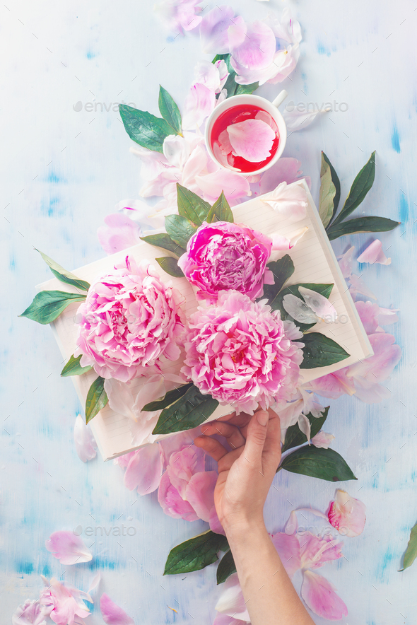A hand holding an open book with pink peony flowers on a light wooden background