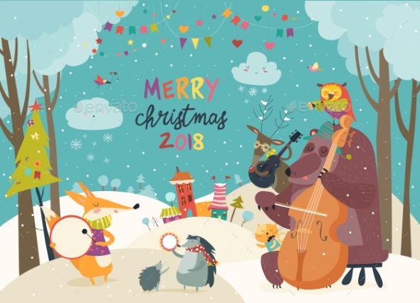 GraphicRiver Happy Animals Celebrating Christmas 20995681 GraphicRiver Happy Animals Celebrating Christmas 20995681