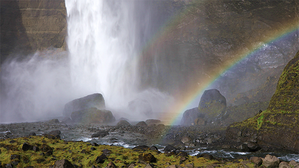 Haifoss Waterfall With Rainbow, Iceland