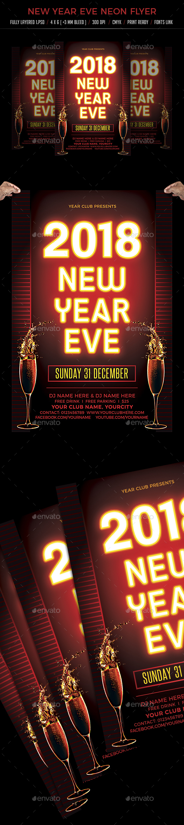 New Year Eve Neon Flyer - Flyers Print Templates
