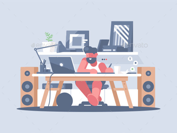 Freelancer Works with Laptop - People Characters