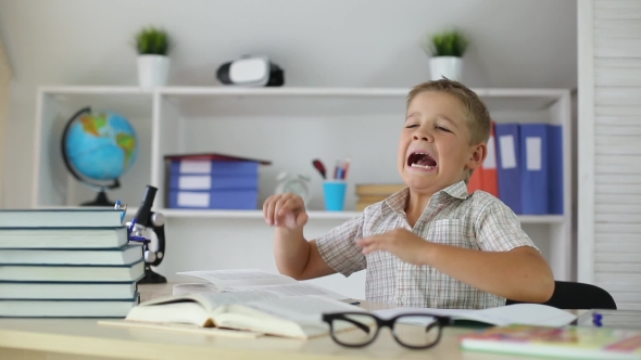 Schoolboy Was Tired and Fell Asleep at Desk at School alt