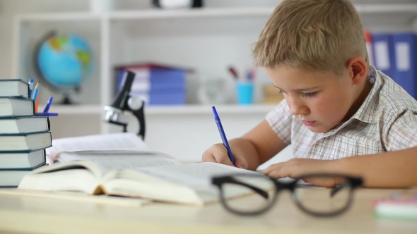 Neat Schoolboy Neat Boy Writes in a Notebook During Lesson at School ...