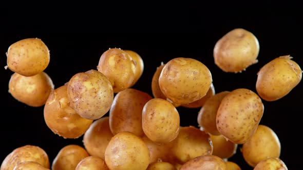 Super Slow Motion Shot of Flying Potatoes Isolated on Black Background at 1000 Fps alt