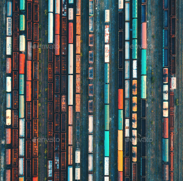 Top view of colorful cargo trains. Aerial view - Stock Photo - Images