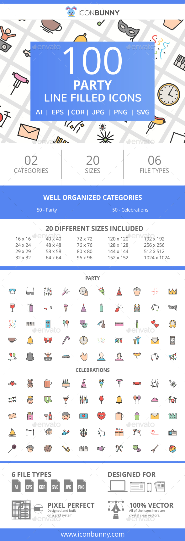 100 Party Filled Line Icons - Icons