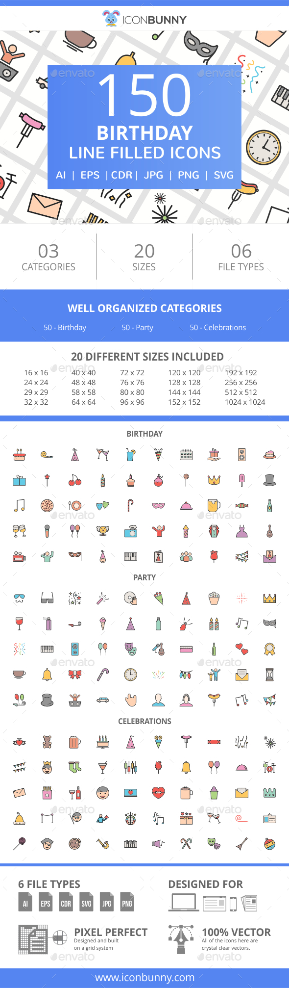 150 Birthday Filled Line Icons - Icons