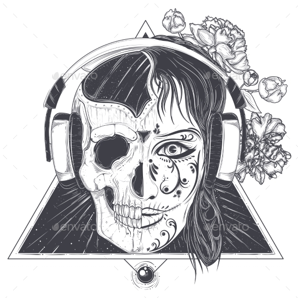 Womans Head with Half Face Skull Engraved Vector - Abstract Conceptual