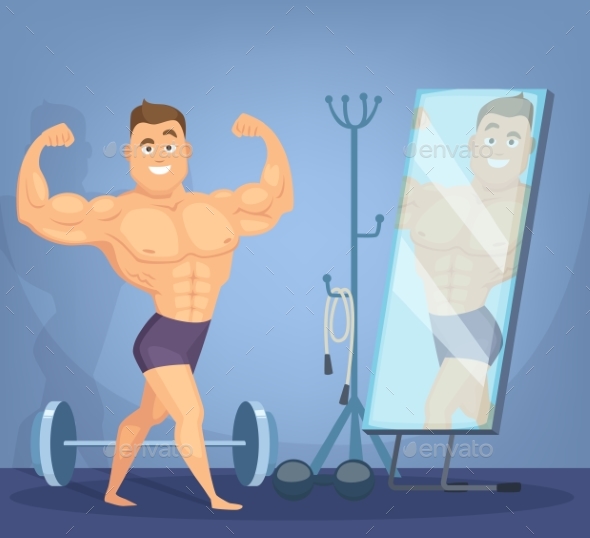 Muscular Man Posing a Front of Mirror - People Characters