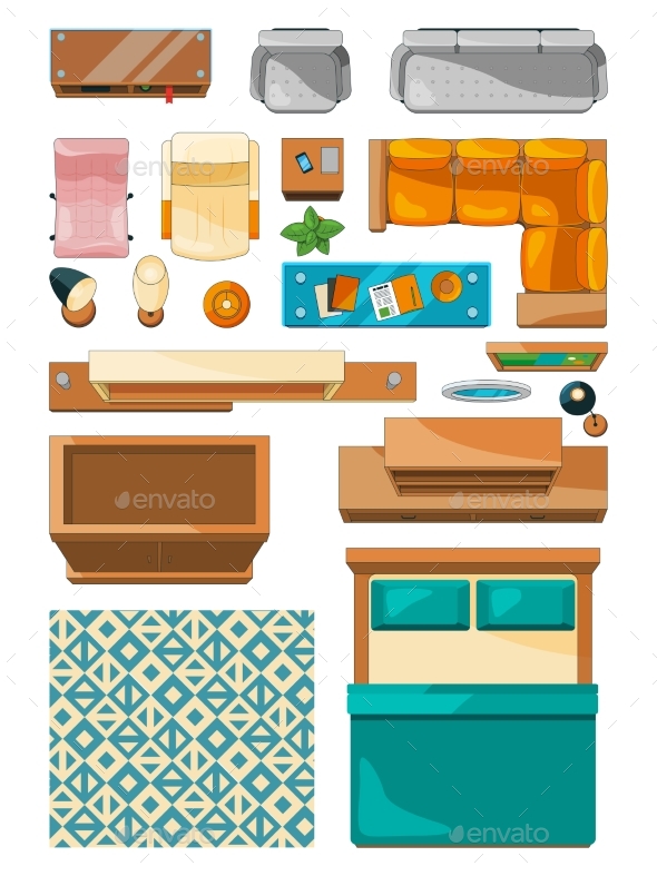 Different Icons of Furniture Top View - Man-made Objects Objects