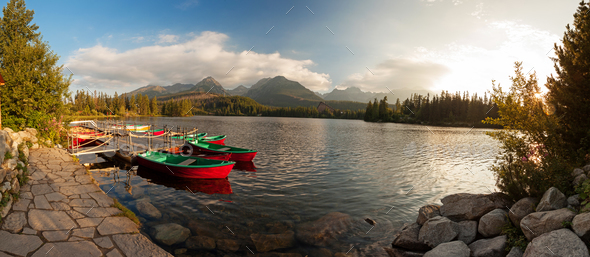 Boat station on lake Strbske pleso near High Tatra Mountains - Stock Photo - Images