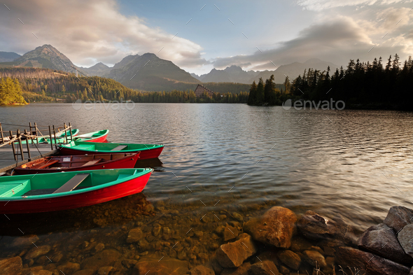 Boat station on lake Strbske pleso near High Tatra Mountains - Stock Photo - Images