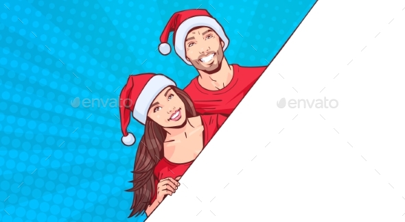Man and Woman Wearing Santa Hats Advertisement - Christmas Seasons/Holidays