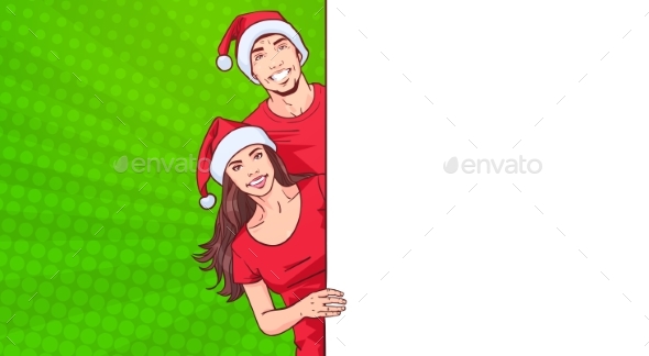 Man and Woman In Santa Hats Advertisement Banner - Christmas Seasons/Holidays