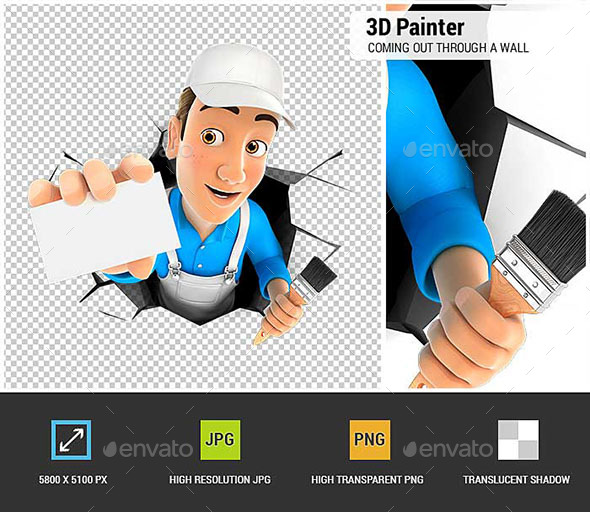 GraphicRiver 3D Painter Coming Out Through a Wall with Company Card 21010703 GraphicRiver 3D Painter Coming Out Through a Wall with Company Card 21010703