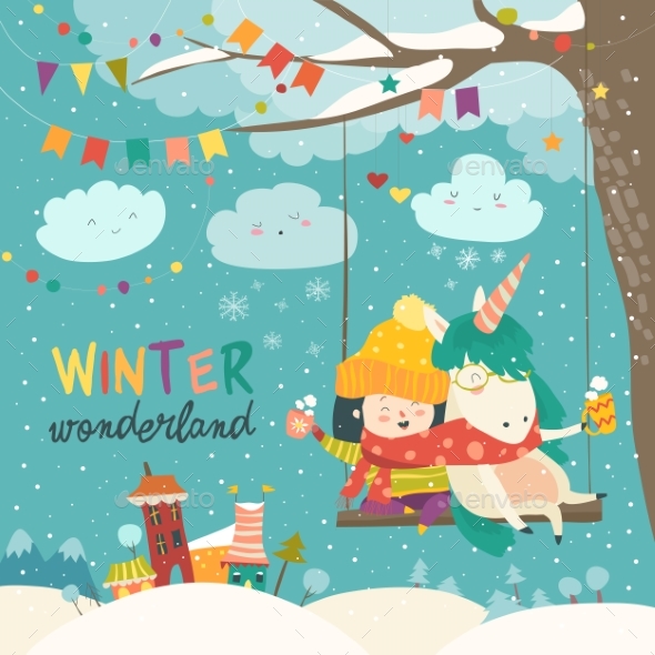 GraphicRiver Cute Girl and Unicorn Swinging in Winter Park 21012905 GraphicRiver Cute Girl and Unicorn Swinging in Winter Park 21012905