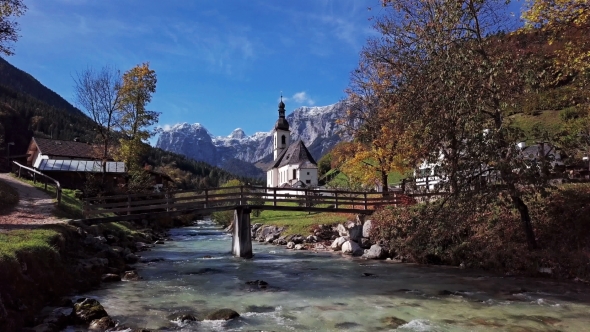 Flight Over Church in Ramsau, Berchtesgaden, Germany alt