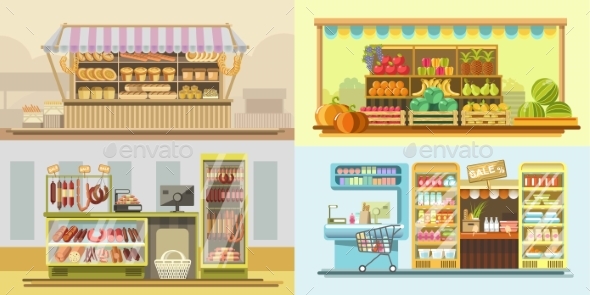 Shop Counters or Store Supermarket Product Display - Food Objects